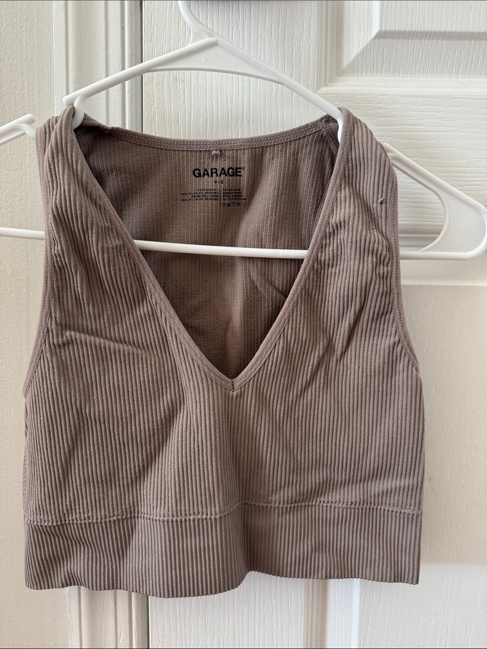 Garage Ribbed V-Neck Cropped Tank in Taupe